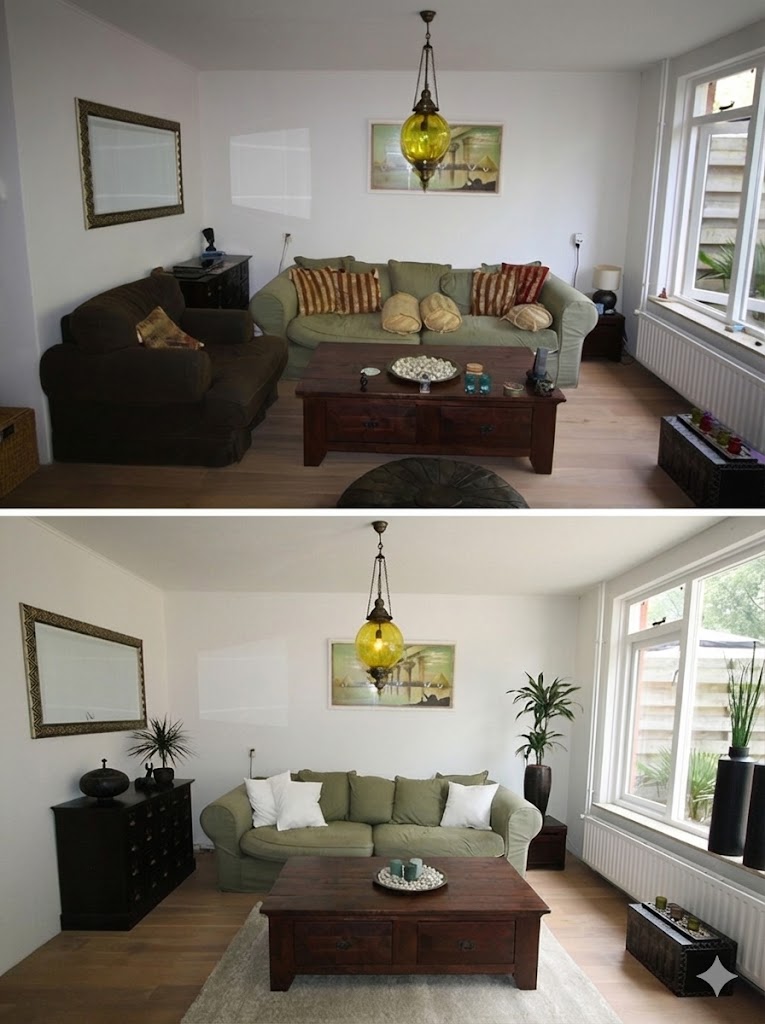 Transformação de sala de estar com sofá verde e plantas decorativas.