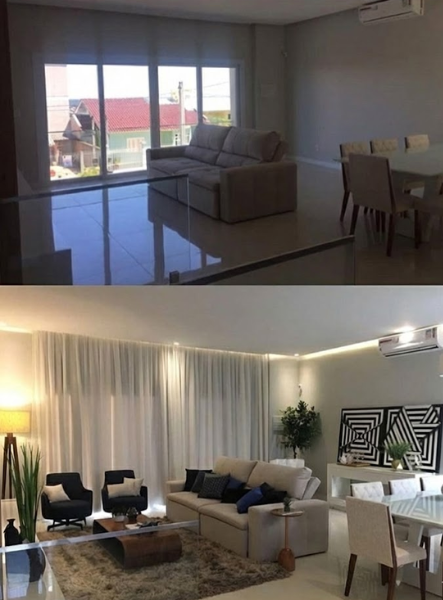 Transformação de sala de estar e jantar com decoração moderna e quadros.